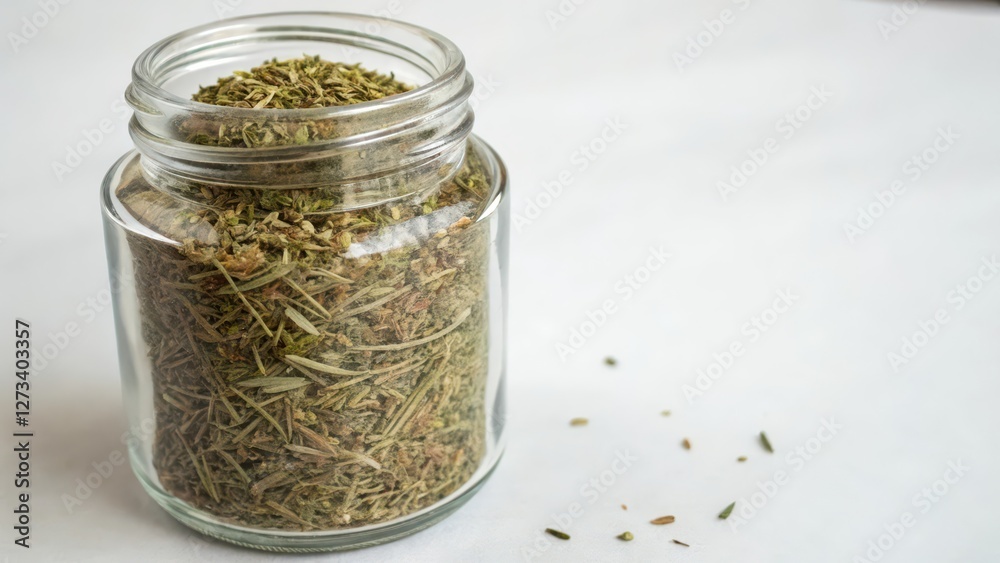 Dried Rosemary in Glass Jar on White Background Dried Rosemary in Glass Jar on White Background
