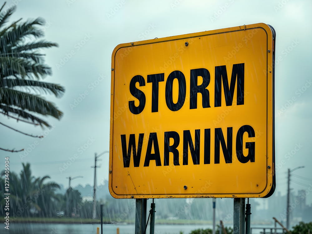A hazard sign sticking out of floodwaters under a heavy storm sky, representing severe weather. Generative AI