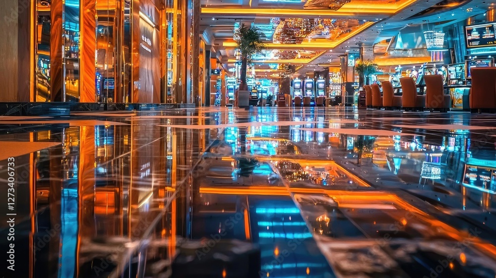 Fototapeta premium Luxurious casino interior with golden lighting, sleek architecture, and reflective marble floors. Opulent atmosphere, high-end design, elegant entertainment, modern gaming venue, wealth. Generative AI
