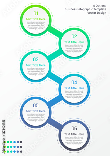 6 options business infographic template, theme of connected circle frame in gradient color, also with surrounded dot line