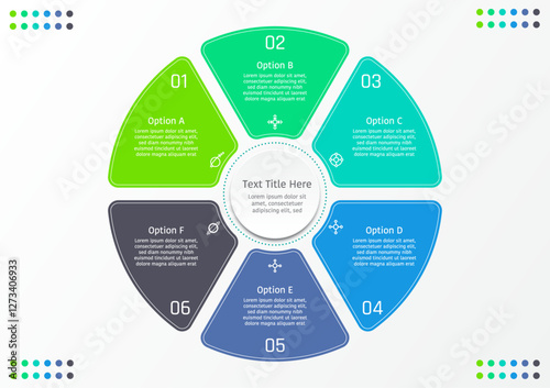 6 options business infographic template, theme of divided circle in pie chart style, also with center circle for title