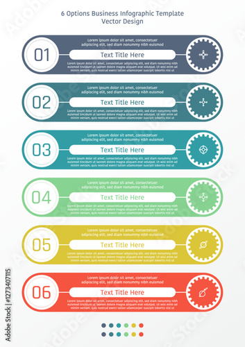 6 options business infographic template, theme of rounded corner rectangular bar with two circles on each side, also with text frame and symbols