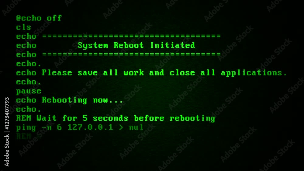 Computer screen animated initiated rebooting DOS warning text information Computer screen animated initiated rebooting DOS warning text information
