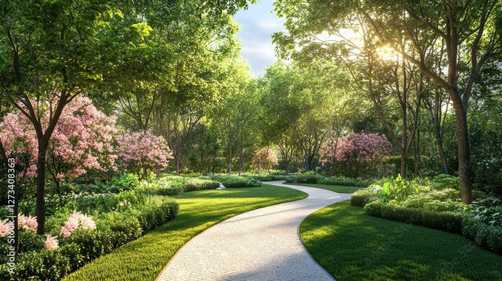 Naklejka premium Scenic walking trail surrounded by lush gardens in a high-end community.