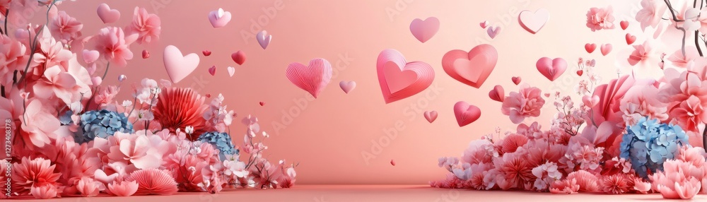 Fototapeta premium Pink Flowers and Hearts Celebrate Valentines Day