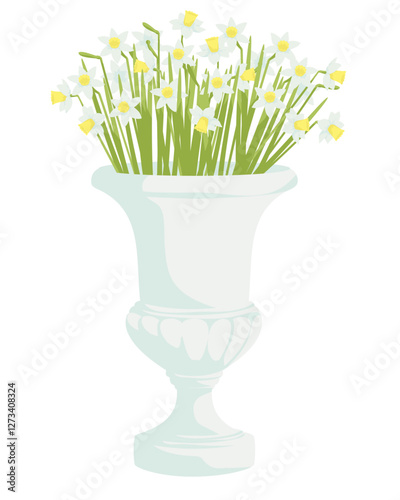 Blooming daffodils in decorative planter.