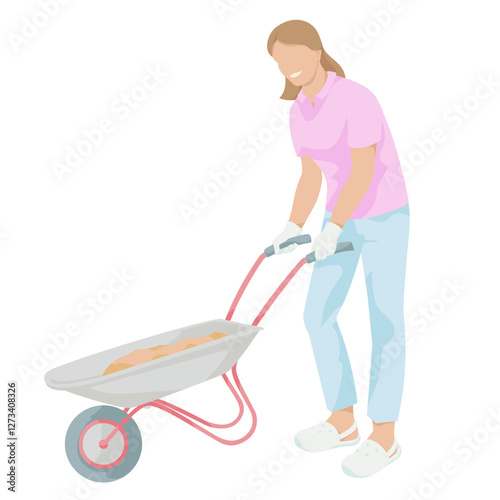 woman with garden wheelbarrow on white background