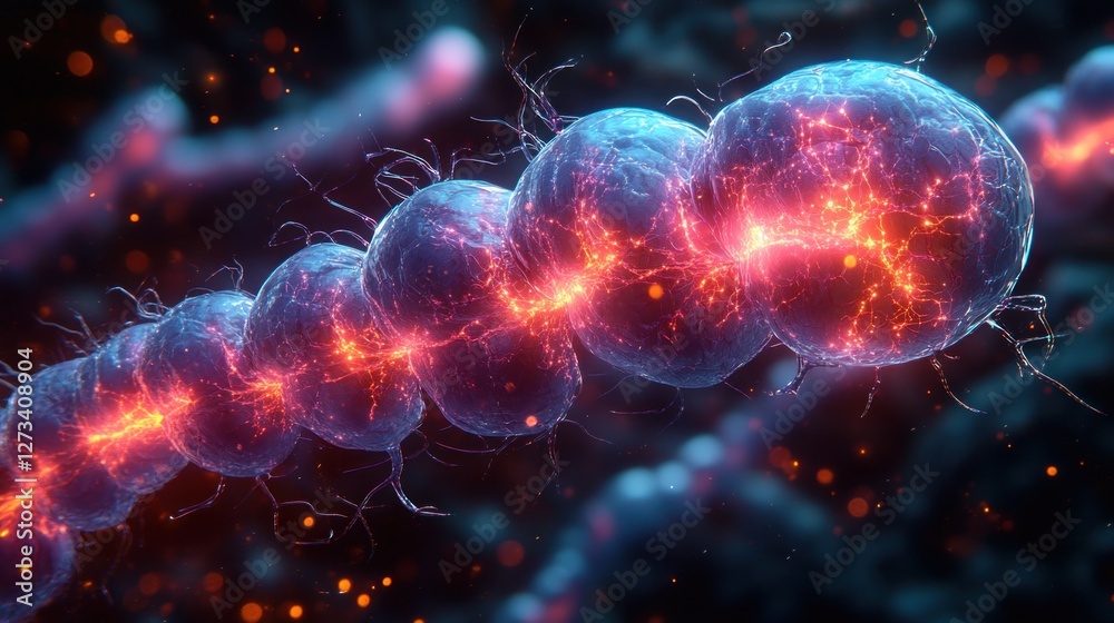Obraz premium Glowing Microbial Chain, Dark Background, Science Research