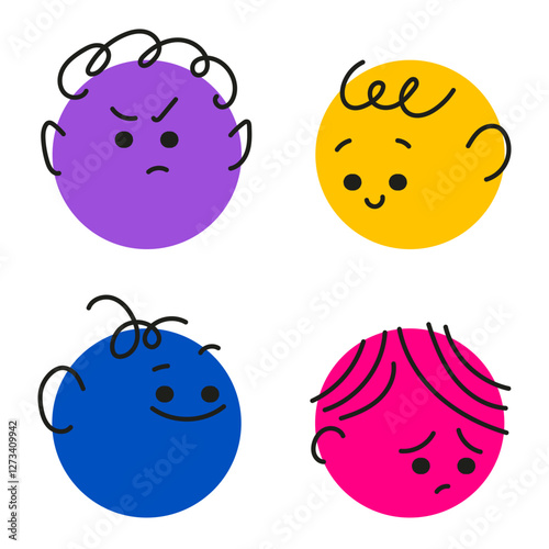 Cute doodle face set. Diferrent funny faces stickers. Modern isolated vector illustration.