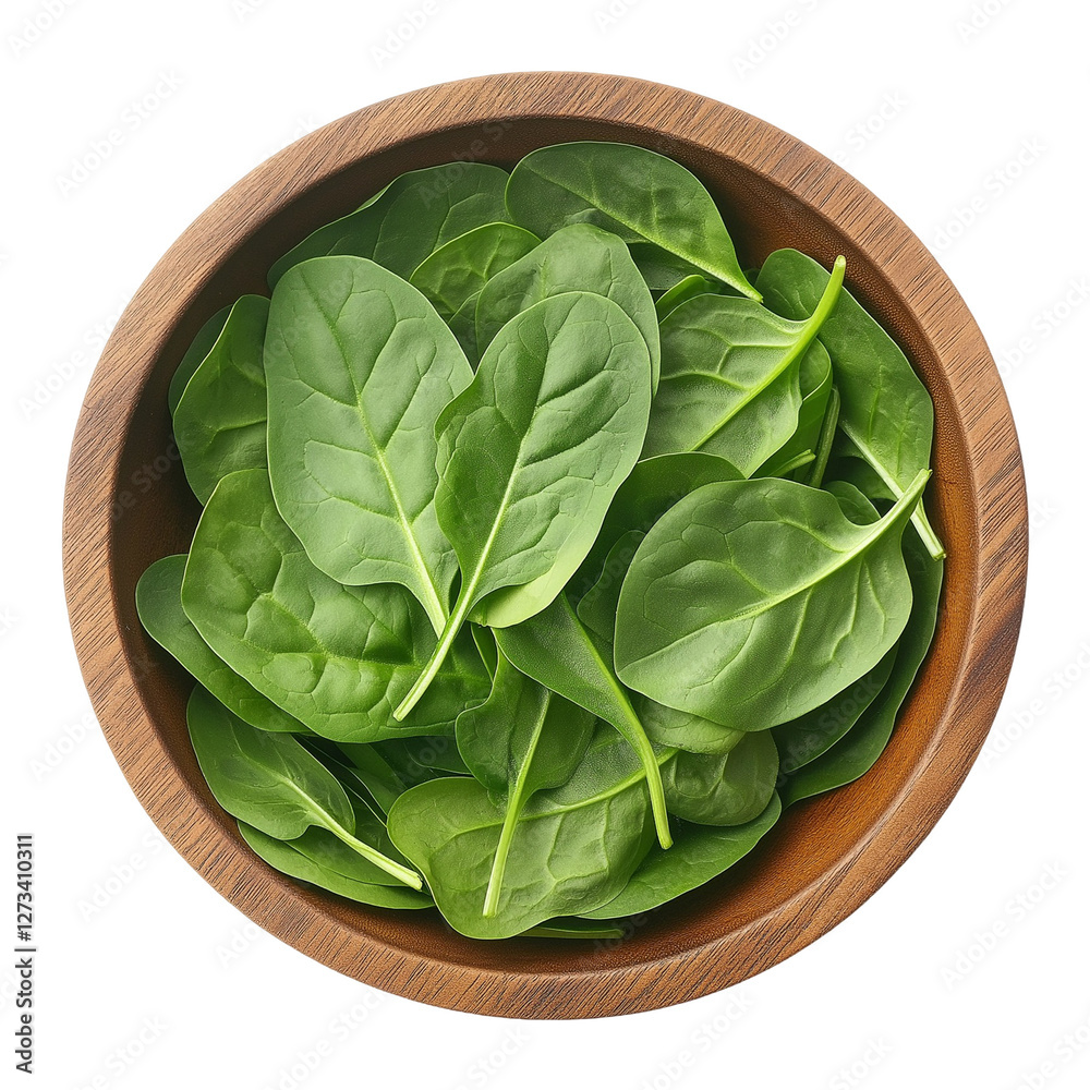 fresh spinach leaves in a wooden bowl isolated on transparent white background, clipping path fresh spinach leaves in a wooden bowl isolated on transparent white background, clipping path