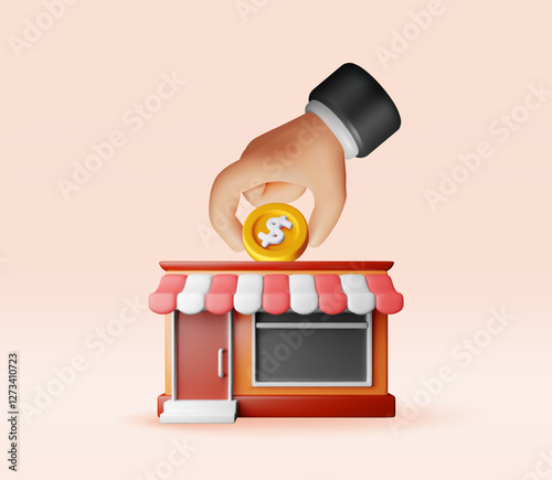 3D franchise business for sale. Render franchising shop building or commercial property. Real estate business promotional, sme startup crowdfunding. Selling buying new business. Vector illustration