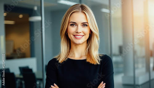 Free Download A smiling professional woman in a modern office, exuding confidence and success. - GFXLoad