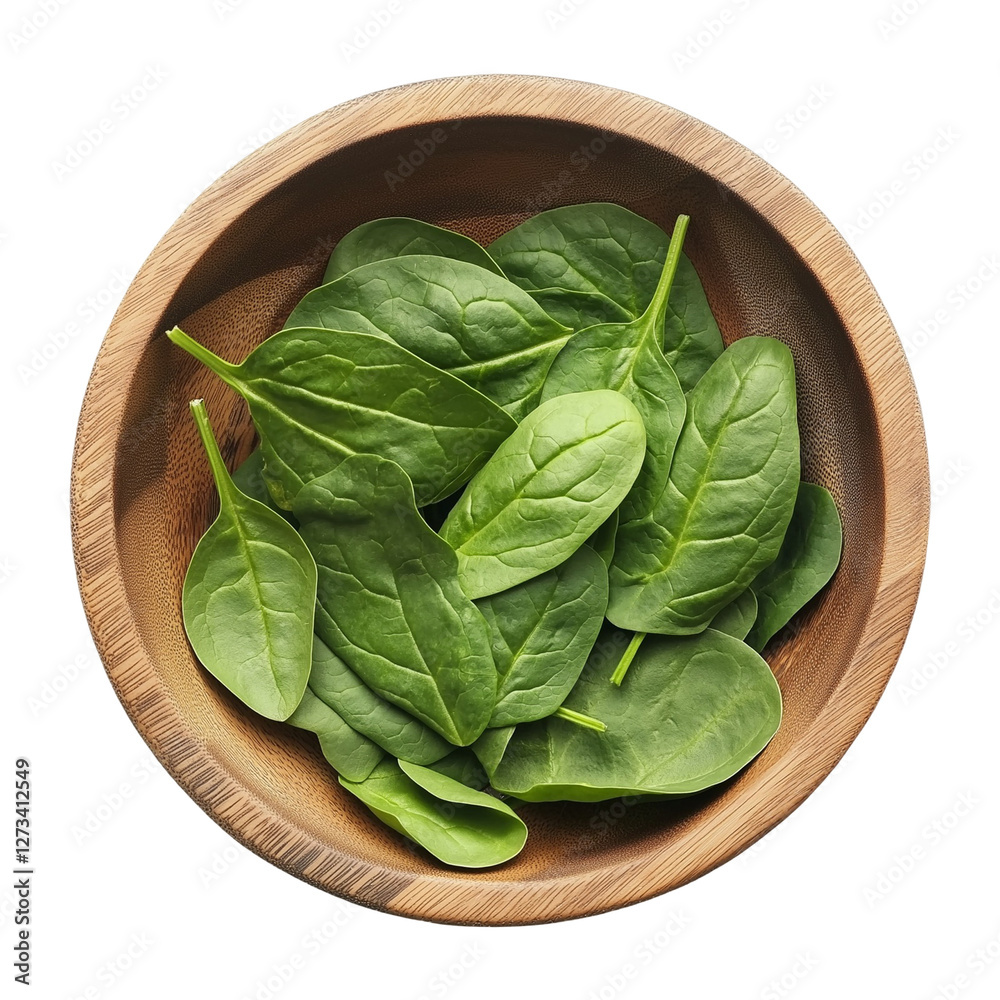 fresh spinach leaves in a wooden bowl isolated on transparent white background, clipping path fresh spinach leaves in a wooden bowl isolated on transparent white background, clipping path