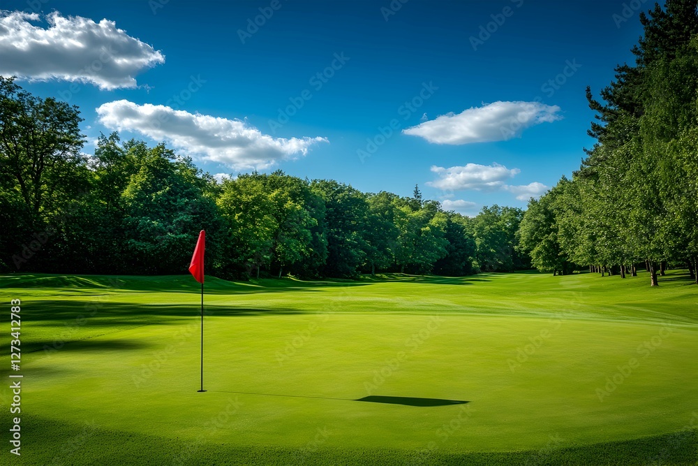 Obraz premium Scenic Golf Course with Red Flag – Lush Green Fairway