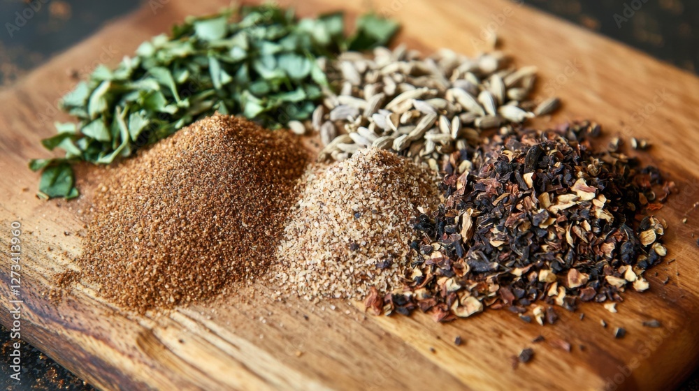 Berbere Spice Blend Ingredients on Cutting Board Close-up: Ground herbs and spices for Ethiopian Berbere spice mixture on a wooden chopping board Berbere Spice Blend Ingredients on Cutting Board Close-up: Ground herbs and spices for Ethiopian Berbere spice mixture on a wooden chopping board