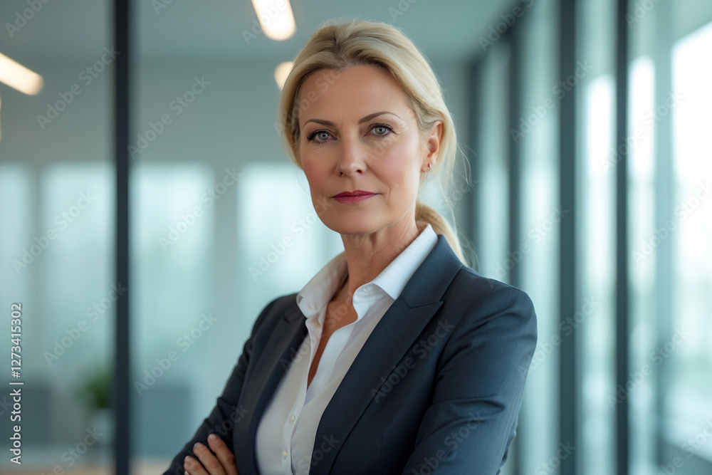 Confident senior Dutch businesswoman with neutral expression standing confidently in modern office background Confident senior Dutch businesswoman with neutral expression standing confidently in modern office background