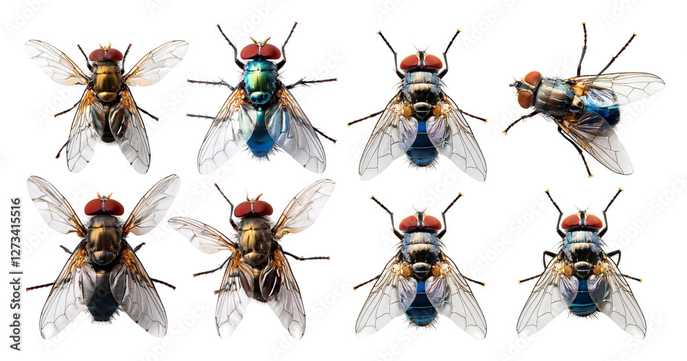 Close-up View of Eight Different Flies in Various Angles, isolated on transparent background Close-up View of Eight Different Flies in Various Angles, isolated on transparent background