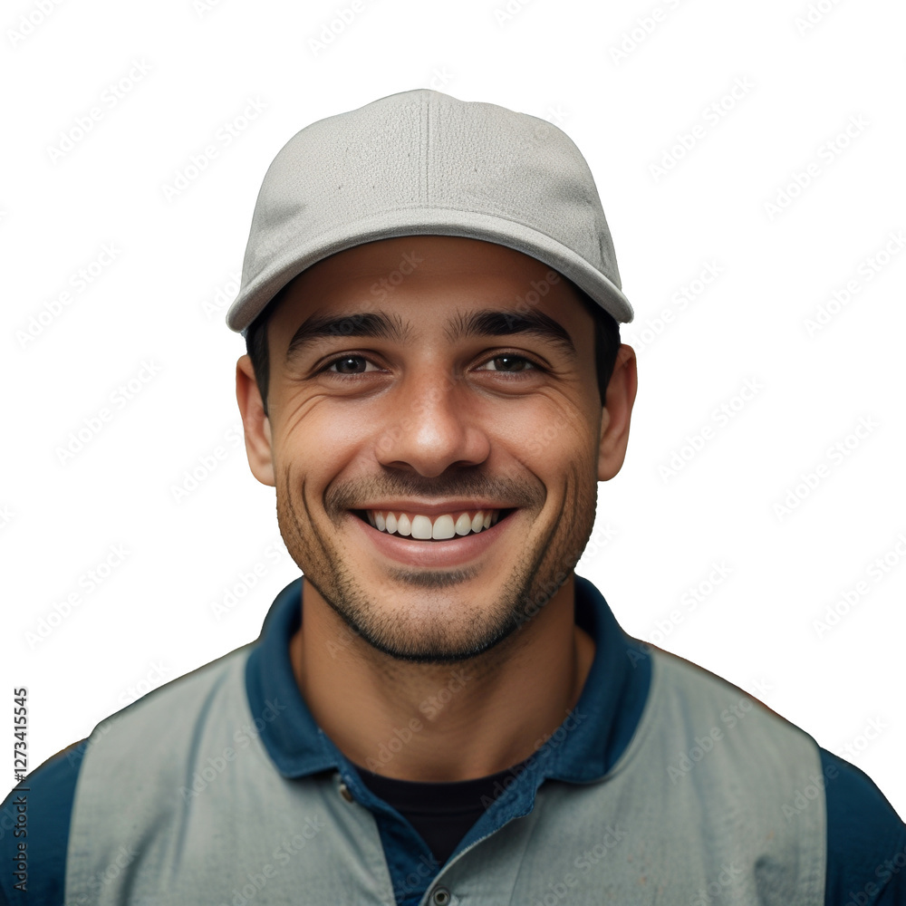 Portrait of a smiling worker wearing a hat isolated on transparent background. Copy space Portrait of a smiling worker wearing a hat isolated on transparent background. Copy space