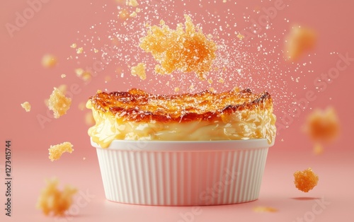 Hovering caramelized crÃ¨me brÃ?lÃ?e with sugar shards flying, isolated on a pastel background photo