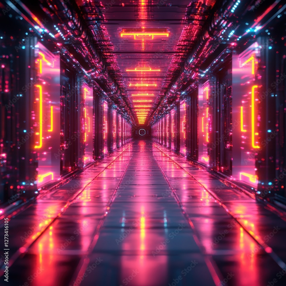 Neon-lit futuristic corridor, data center, glowing doors, server room, digital background, tech Neon-lit futuristic corridor, data center, glowing doors, server room, digital background, tech