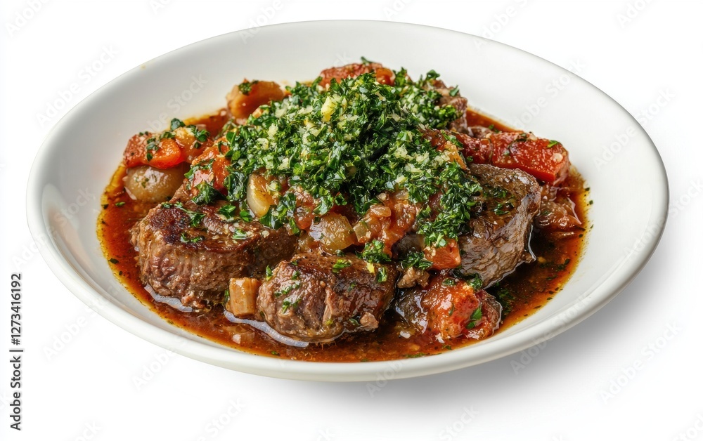 Hovering dish of Italian osso buco with gremolata, isolated on a white background Hovering dish of Italian osso buco with gremolata, isolated on a white background