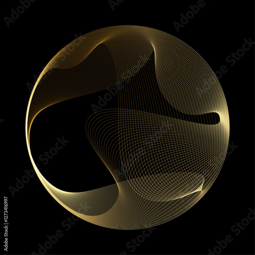 Abstract vector round shape of wavy lines flowing smooth curve gold gradient light on black background in concept of luxury, technology, science, music, modern.