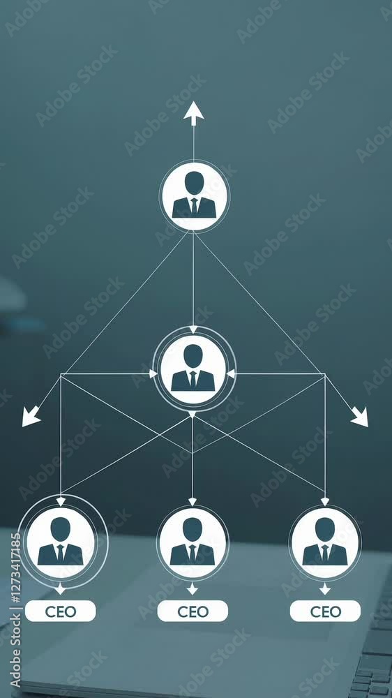 Animated corporate hierarchy with dynamic networking icons and organizational structure