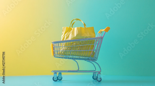 Shopping cart vector shop pushcart trolley shopper or carter with empty basket and bag buy in store illustration isolated on white background