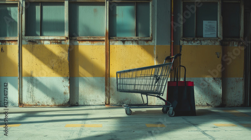 Shopping cart vector shop pushcart trolley shopper or carter with empty basket and bag buy in store illustration isolated on white background