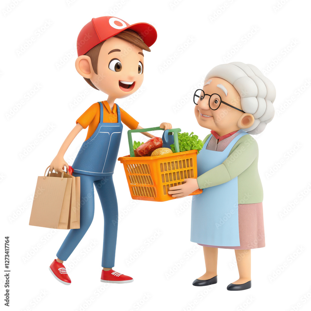 3D of Cheerful elderly woman being assisted with her grocery shopping by a kind and helpful young store employee showcasing and a positive shopping experience 3D of Cheerful elderly woman being assisted with her grocery shopping by a kind and helpful young store employee showcasing and a positive shopping experience