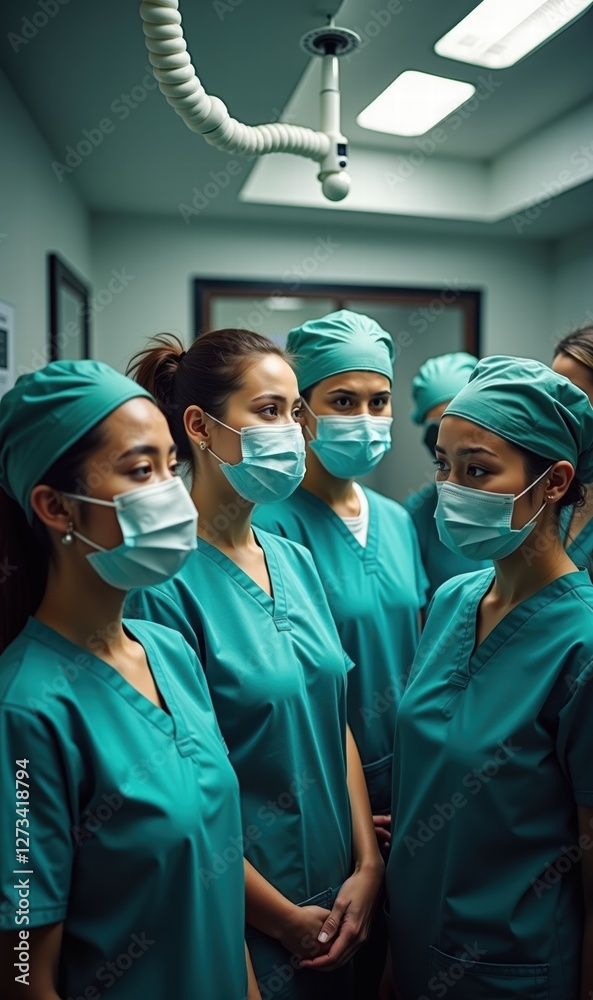 A focused group of healthcare professionals in scrubs and masks, preparing for a surgical procedure. This image conveys teamwork and dedication in a medical setting. A focused group of healthcare professionals in scrubs and masks, preparing for a surgical procedure. This image conveys teamwork and dedication in a medical setting.