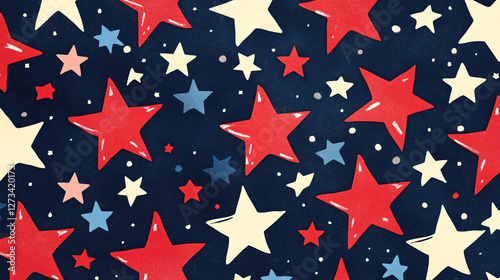 a seamless pattern of red white and blue stars scattered across a dark blue background creating a festive patriotic design