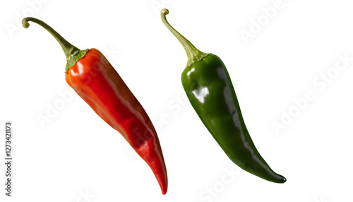 Fresh red chili peppers isolated on white background with green stems, a spicy ingredient for cooking and seasoning