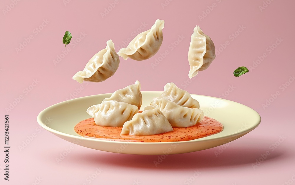 Levitating plate of Nepalese momo dumplings with spicy sauce, isolated on a pastel background Levitating plate of Nepalese momo dumplings with spicy sauce, isolated on a pastel background