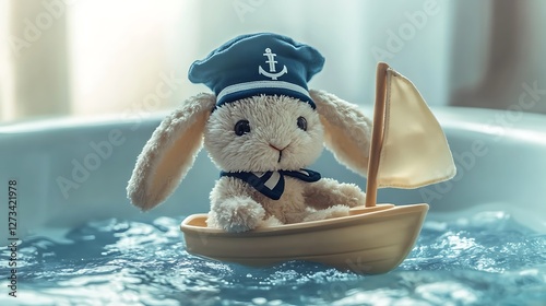 Stuffed bunny wearing a sailor hat sailing toy boat in a bathtub sea photo