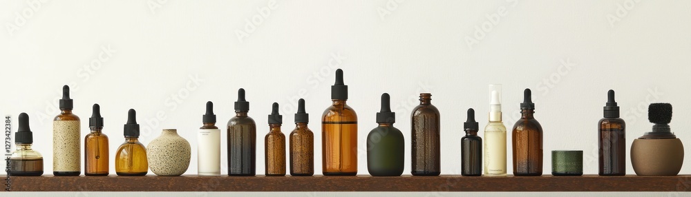 Amber Bottles and Vessels Arranged on a Shelf Amber Bottles and Vessels Arranged on a Shelf