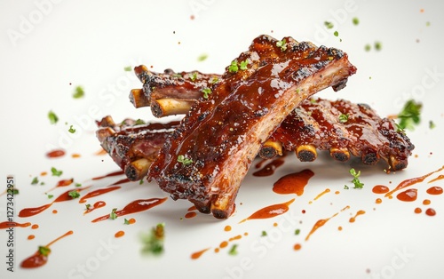 Midair BBQ ribs with sauce splattering, isolated on a bright background
