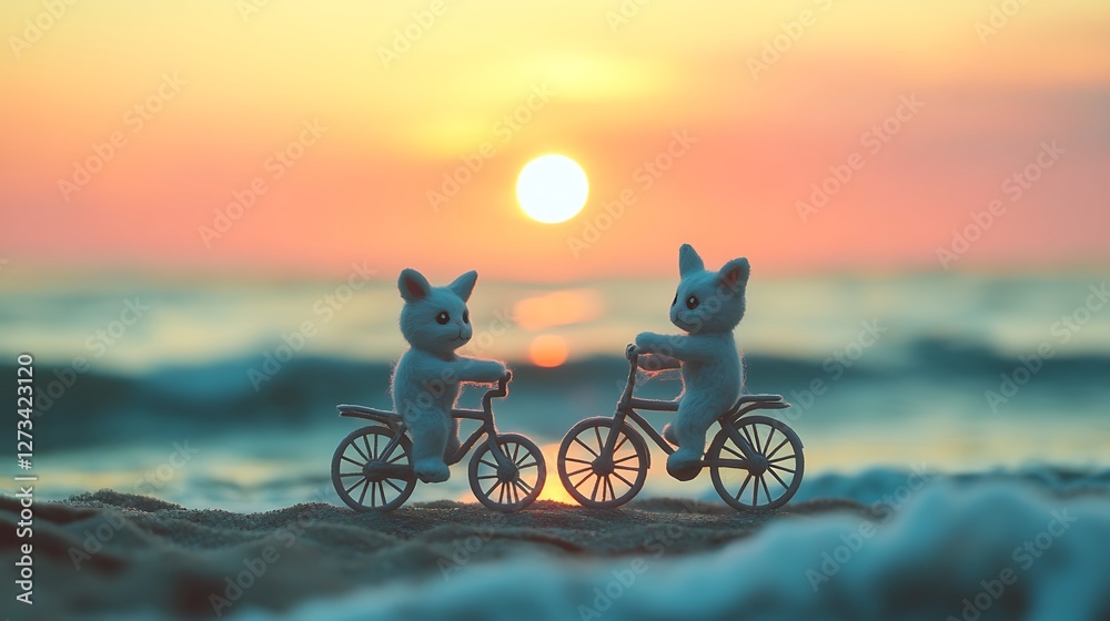 Fototapeta premium Stuffed cat and rabbit biking at twilight calm beach waves soft plush fur cinematic feel
