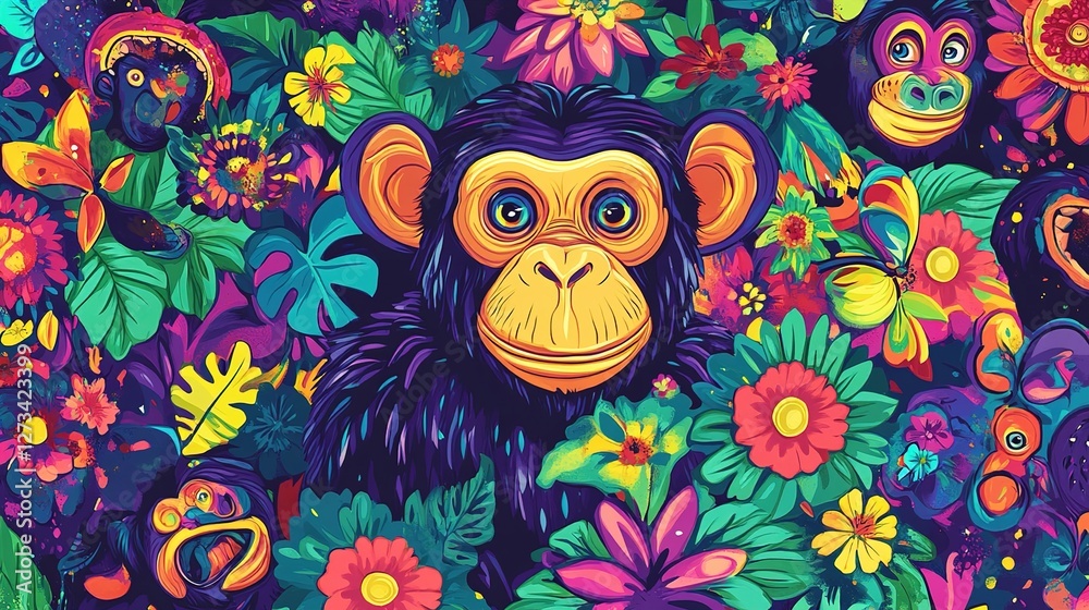Fototapeta premium Colorful Tropical Jungle Scene with Vibrant Monkey Surrounded by Exotic Flowers and Lush Greenery in a Playful and Whimsical Style