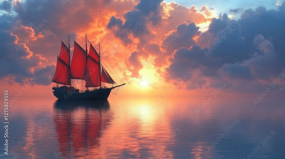 Obraz premium Sunset Sailboat Ocean Dramatic Cloudscape Calm Sea