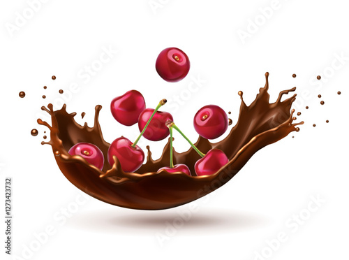 3d realistic vector icon illustration. Chocolate cherry milk. Choco splash with cherries falling. Isolated on white background. Dairy products or cocoa with cherries.