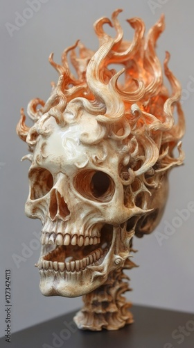 Intricately detailed skull sculpture adorned with stylized flames, showcasing artistic craftsmanship and morbid aesthetics
