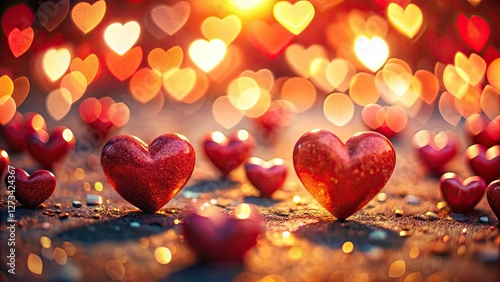 Sunlit miniature red hearts tilt-shifted, a Valentine's Day delight.