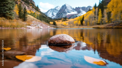 A beautifully composed image featuring a single rock sitting majestically at the edge of a crystal-clear mountain lake, surrounded by stunning autumn landscapes and reflections.