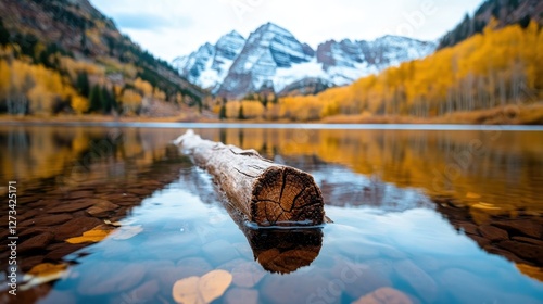 A serene lake reflects vibrant autumn colors near the Rocky Mountains, showcasing a log floating gracefully in the still water beneath the colorful trees.