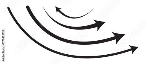 Curved arrows, hand drawn curved arrows. Black curve arrow icon vector illustration. Long curve arrow icon. Long arrow. Curved arrow icon isolated on white background. Black long curve arrow icon 