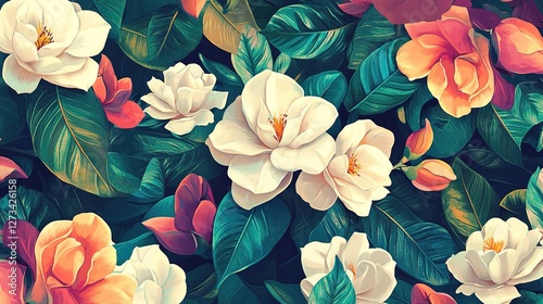 Vibrant Floral Background Featuring White and Pink Blooms Surrounded by Lush Green Leaves in a Rich Artistic Style for Aesthetic Decor