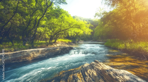 
An enchanted forest at dusk, a river flowing through the landscape, the horizon glowing with a stunning sunset, a castle silhouetted against the colorful sky, ultra-realistic