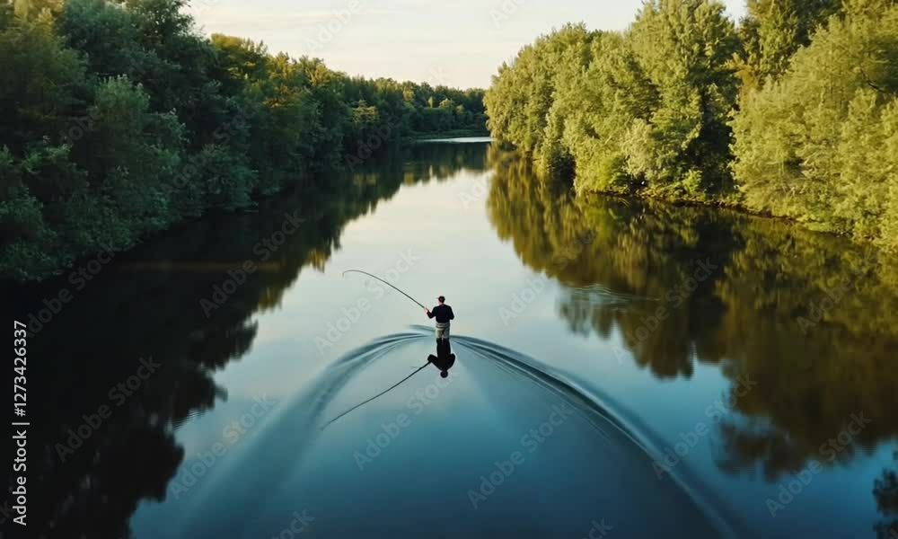Solitary Fisherman Casting Line on Calm River Surrounded by Lush Green Trees Solitary Fisherman Casting Line on Calm River Surrounded by Lush Green Trees