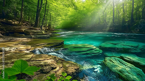 
An enchanted forest at dusk, a river flowing through the landscape, the horizon glowing with a stunning sunset, a castle silhouetted against the colorful sky, ultra-realistic